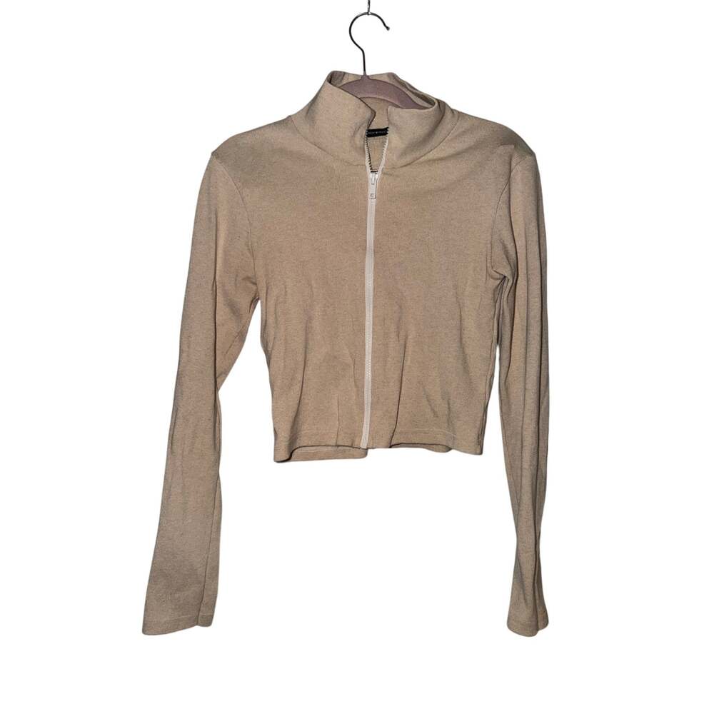 Brandy Melville Beige Ribbed Zip Up Mock Neck Cropped Long Sleeve Top